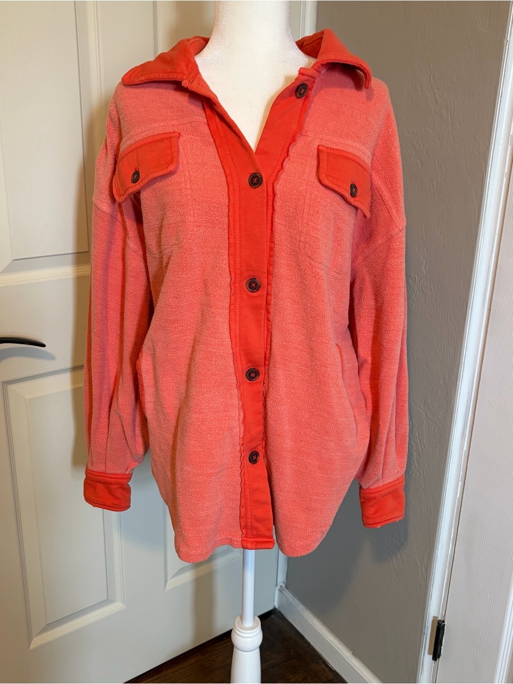 Free People Coral orange Rugby Jacket Teddy sweater layering